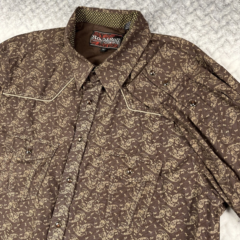 Rock & Roll Cowboy Western Shirt Mens XL Brown Paisley Damask Pearl Snap